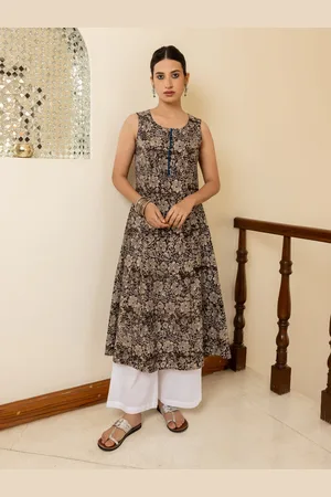 FIORRA Floral Printed Round Neck Sleeveless Cotton A-Line Kurta