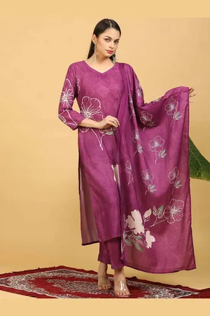 Goldstroms Women Floral Printed Regular Linen Kurta with Trousers & With Dupatta