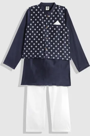 YK Boys Navy Blue Printed Kurta with White Pyjamas & Nehru Jacket