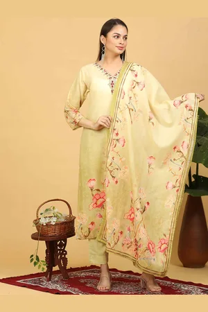 Goldstroms Women Floral Embroidered Regular Linen Kurta with Trousers & With Dupatta