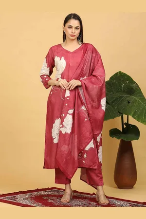 Goldstroms Women Floral Printed Regular Linen Kurta with Trousers & With Dupatta