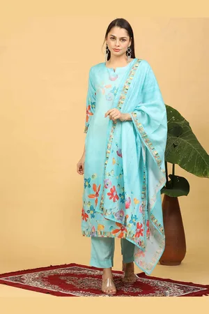 Goldstroms Women Floral Printed Regular Linen Kurta with Trousers & With Dupatta