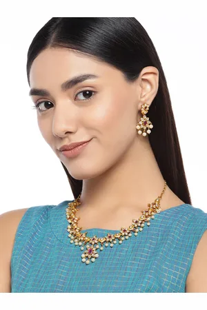 Peora Red Gold-Plated Matte Finish Ruby Emerald Cubic Zirconia Stone Studded Jewellery Set