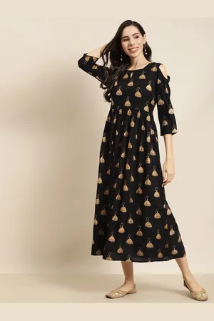 Juniper Black & Mustard Yellow Ethnic Motifs Keyhole Neck Ethnic Midi Dress
