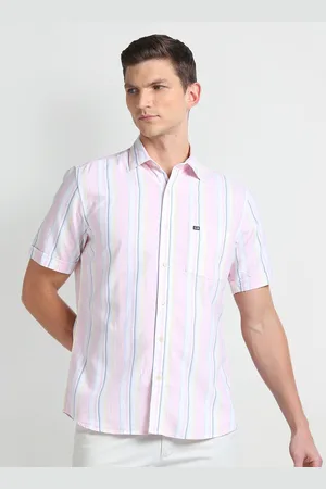 Arrow Spread Collar Short Sleeves Striped Casual Cotton Shirt