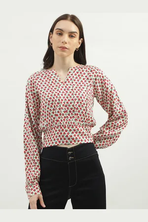 Benetton Floral Printed Mandarin Collar Cotton Crop Shirt Style Top