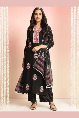 DIVASTRI Floral Printed V-Neck Straight Kurta With Palazzos And Dupatta