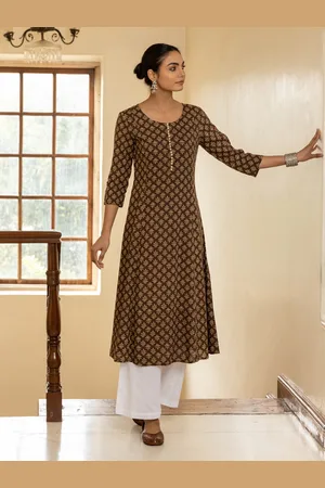 FIORRA Floral Printed Round Neck Three-Quarter Sleeves Cotton A-Line Kurta