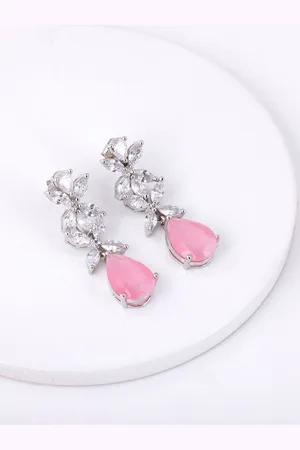 GIVA Silver Rhodium-Plated Zircon Stone Studded Teardrop Shaped Drop Earrings
