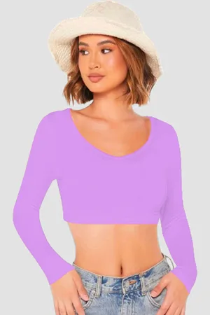 Dream Beauty Fashion Women Solid Lavender V-Neck Crop Top