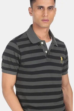 U.S. Polo Assn. U S Polo Assn Men Charcoal Grey & Black Striped Polo Collar Applique T-shirt