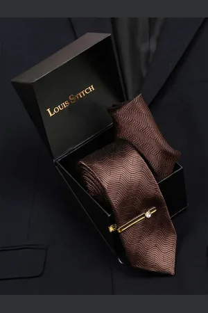 LOUIS STITCH Men Van Dyke Brown Italian Silk Necktie Accessory Gift Set