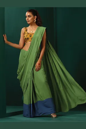 trueBrowns Colourblocked Silk Cotton Ready to Wear Saree