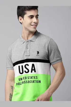 U.S. Polo Assn. Men Grey Melange & Green Colourblocked Polo Collar T-shirt