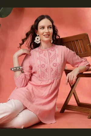 Lakshita Solid Embroidered A-line Cotton Tunic for Women