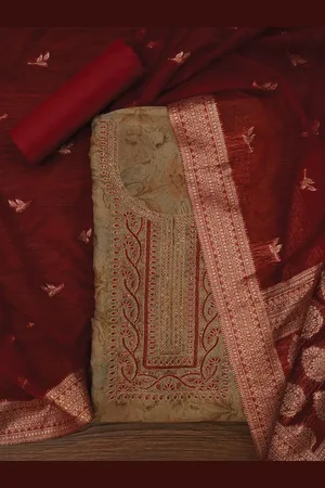 Jaipur Floral Printed Embellished Organza Dress Material with Dupatta