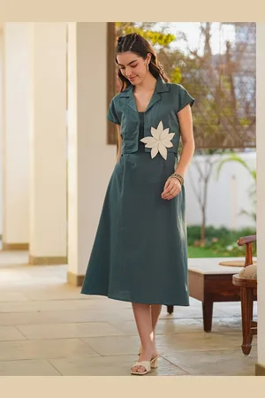 JISORA Women Cotton Floral Print A-Line Midi Dress
