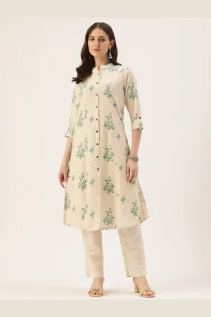 Amukti Floral Printed Roll Up Sleeves Linen Kurta