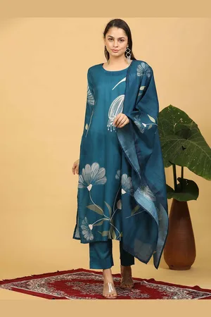 Goldstroms Women Floral Printed Regular Linen Kurta with Trousers & With Dupatta