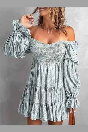 HERE&NOW Women Floral Printed Off-Shoulder Puff Sleeve Fit & Flare Mini Dress