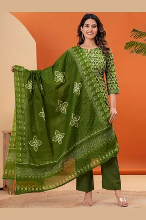 EtnicaWear Women Floral Yoke Design Regular Thread Work Pure Cotton Kurta with Trousers & With Dupatta