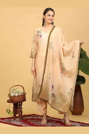 Goldstroms Women Floral Printed Regular Linen Kurta with Trousers & With Dupatta