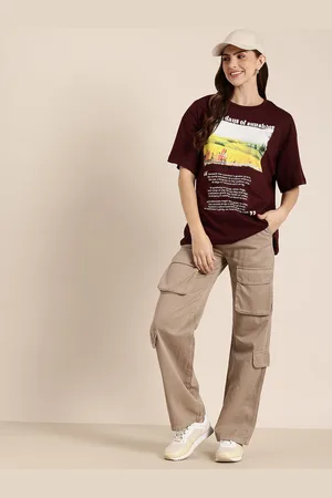 HERE&NOW Printed Relaxed Fit Drop-Shoulder Sleeves Pure Cotton T-shirt
