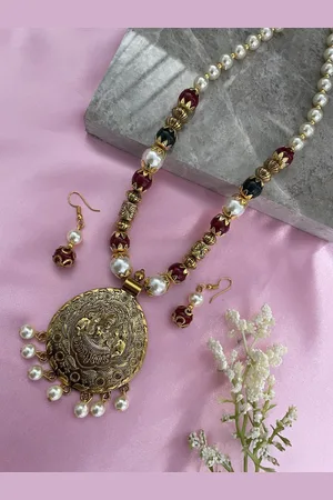 Digital Dress Room Gold- Plated Laxmi & Pear Pendant Long Necklace Jewellery Set