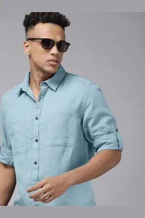 Roadster The Lifestyle Co Men Blue Solid Linen Cotton Casual Shirt