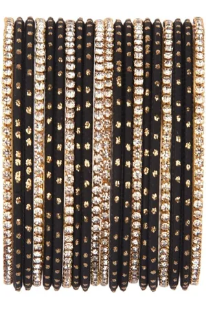 Efulgenz Women Set Of 20 Black & Gold Toned Crystal Studded Bangles