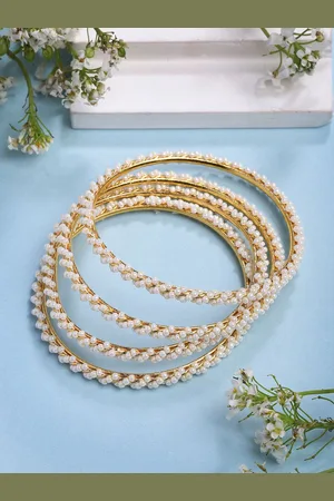 NVR Women Set of 4 Gold-Plated Pearls Handcrafted Traditional Bangles