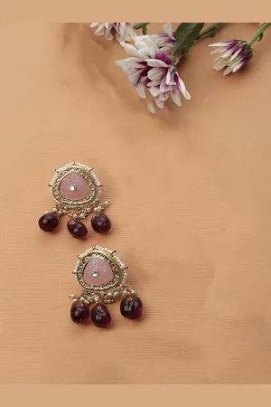 DUGRISTYLE Coral Gold-Plated Kundan Studded & Beaded Contemporary Shaped Drop Earrings