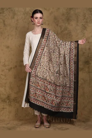 Exotic India Multicolor Floral Printed Kalamkari Dupatta with Zari Border