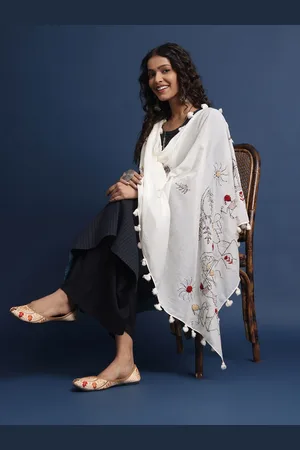 Taavi Women Floral Kantha Work Chanderi Stole with Tasselled Border