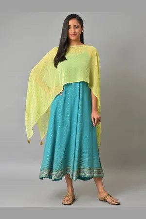 AURELIA Blue & Green Print Cape Sleeve A-Line Midi Dress