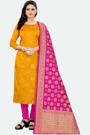 MORLY Yellow & Pink Dupion Silk Unstitched Dress Material