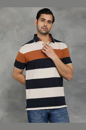 JADE BLUE Men Striped Polo Collar Cotton Slim Fit T-shirt