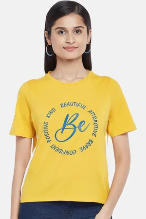 PEOPLE Women Yellow Typography Printed T-shirt