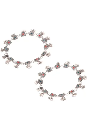 Efulgenz Rhodium-Plated Crystals-Studded & Beaded Bracelet-Style Anklets