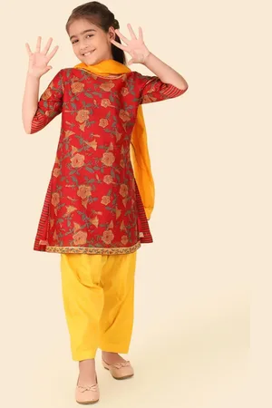 Fabindia Girls Ethnic Motifs Printed Cotton Silk Straight Kurta With Salwar & Dupatta