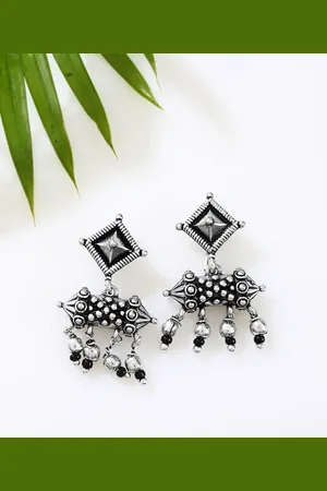 Sangria Black Silver Plated Oxidised Nayantara Geometric Design Beaded Drop Earrings