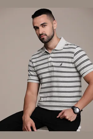 Nautica Men Grey & Black Slim Fit Striped Polo Collar T-shirt
