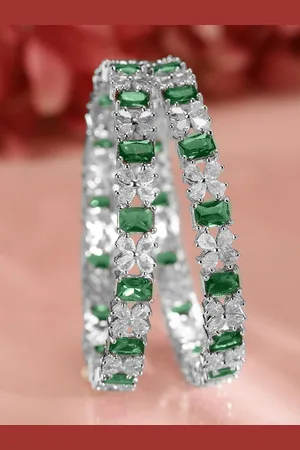 Rubans Set of 2 Rhodium-Plated Emerald Green & Cubic Zirconia Studded Bangles