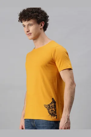 BRATMA Men Mustard Yellow Animal Placement Printed Round Neck Cotton T-shirt