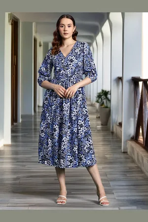 DressBerry Floral Print Puff Sleeve Midi Dress
