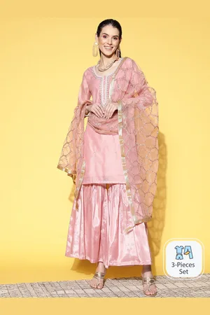 Ishin Floral Embroidered Thread Work Chanderi Silk Kurta & Sharara With Dupatta