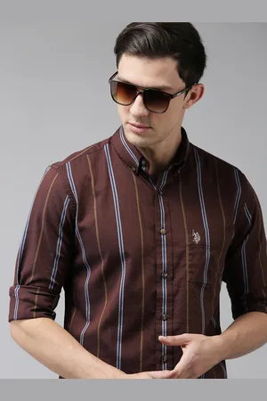 U.S. Polo Assn. U S Polo Assn Men Maroon & White Tailored Fit Striped Pure Cotton Casual Shirt