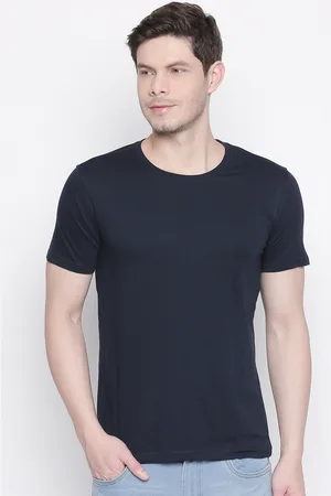Pantaloons Men Navy Blue Solid Round Neck Pure Cotton T-shirt