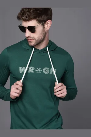 WROGN Men Green Brand Logo Printed Slim Fit Hooded T-shirt