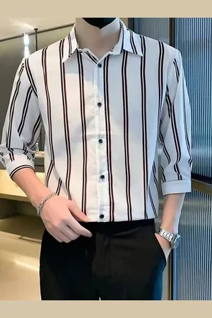 HERE&NOW Men Relaxed Fit Spread Collar Vertical Striped Silk Formal Shirt